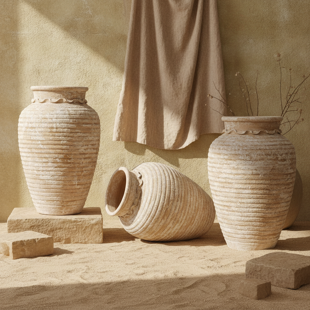 Vase de sol rustique en terre cuite beige avec texture côtelée et épaules arrondies