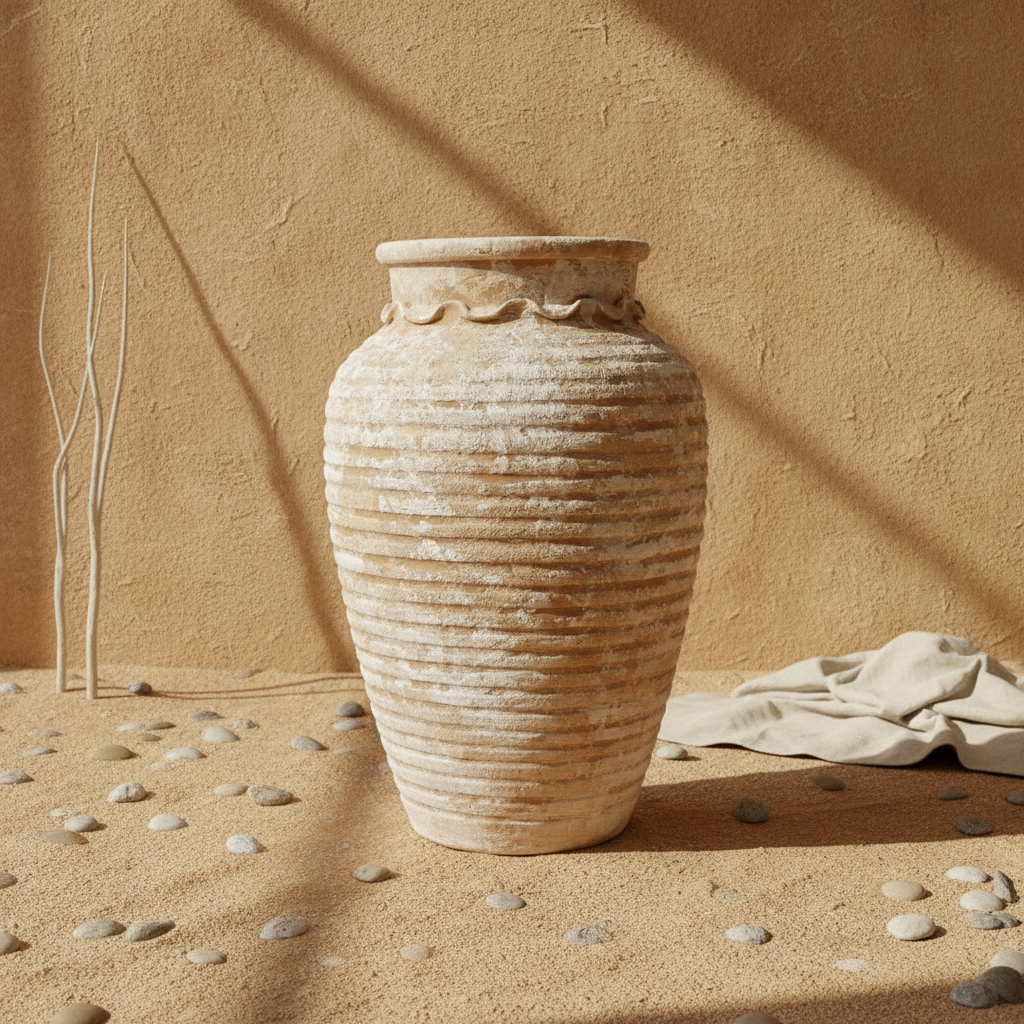 Vase de sol rustique en terre cuite beige avec texture côtelée et épaules arrondies