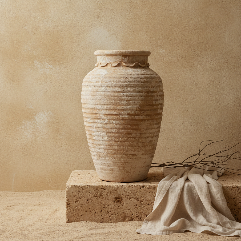 Vase de sol rustique en terre cuite beige avec texture côtelée et épaules arrondies