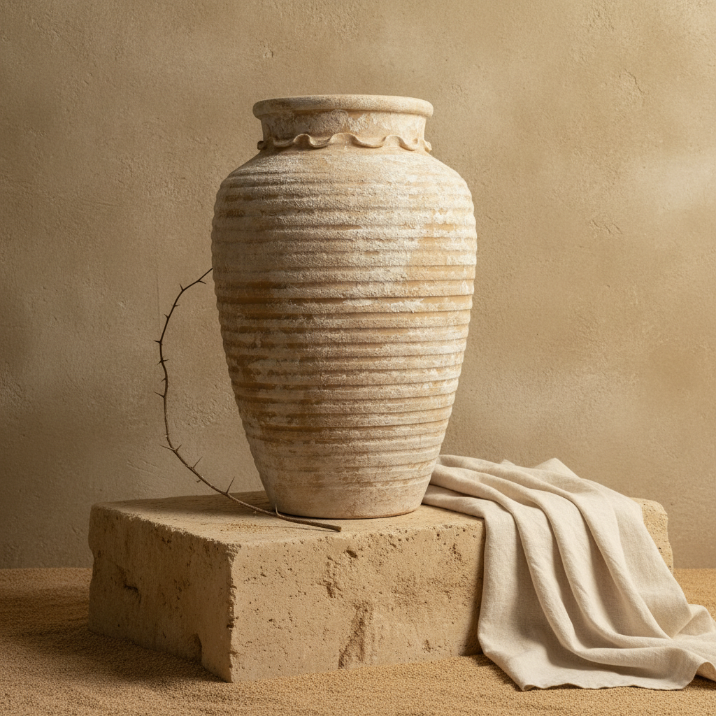 Rustieke beige terracotta vloervaas met geribbelde textuur en ronde schouders