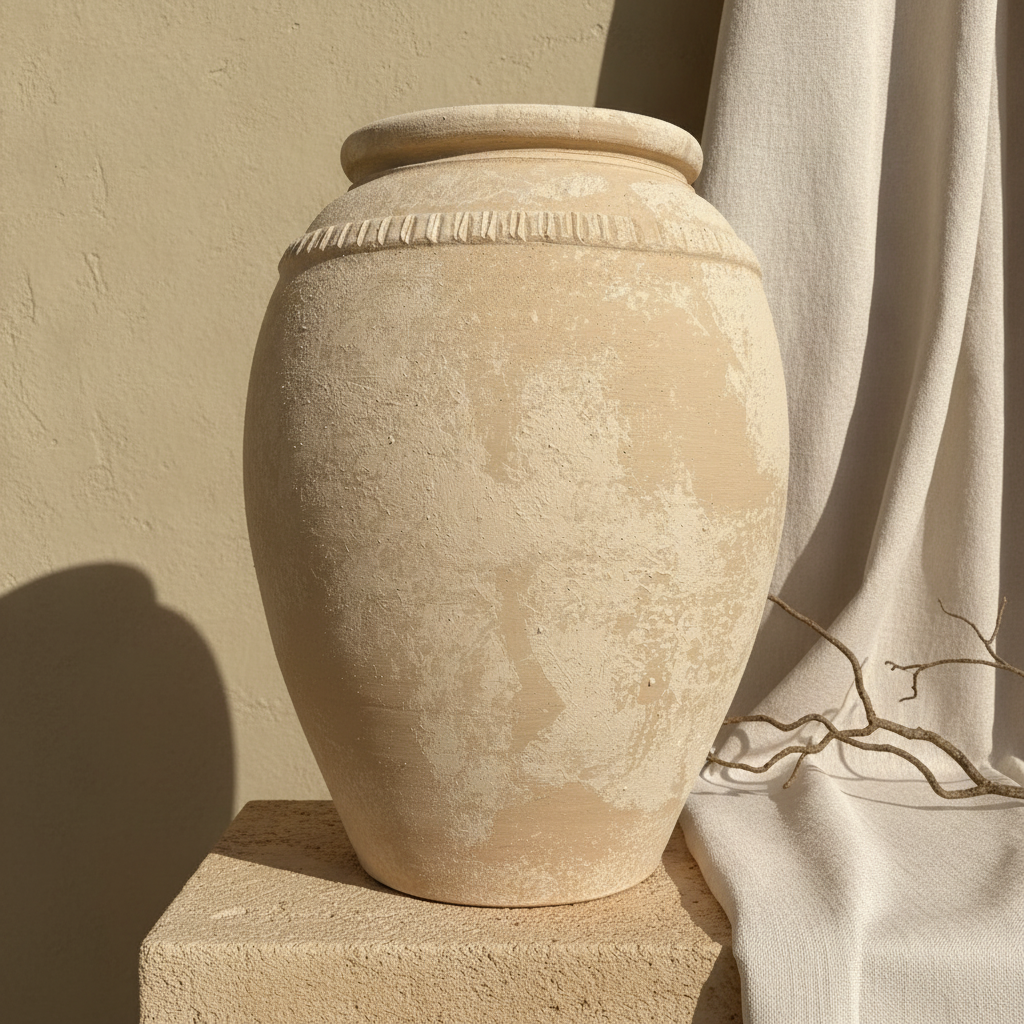 Rustieke beige terracotta bloempot met gestructureerde afwerking en decoratieve rand