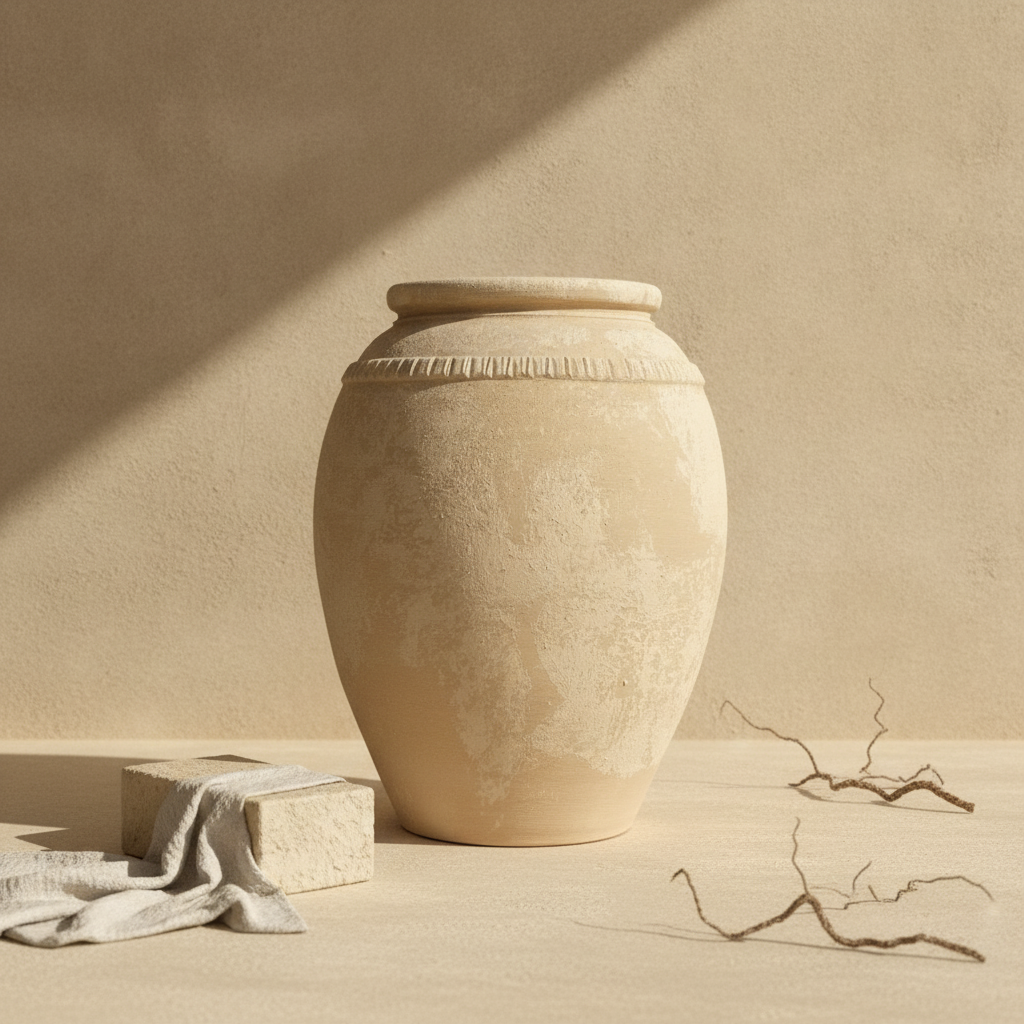 Rustieke beige terracotta bloempot met gestructureerde afwerking en decoratieve rand