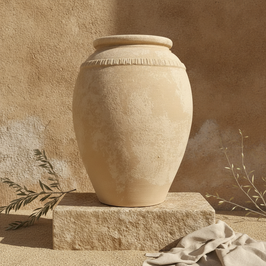 Pot en terre cuite beige rustique avec finition texturée et bord décoratif