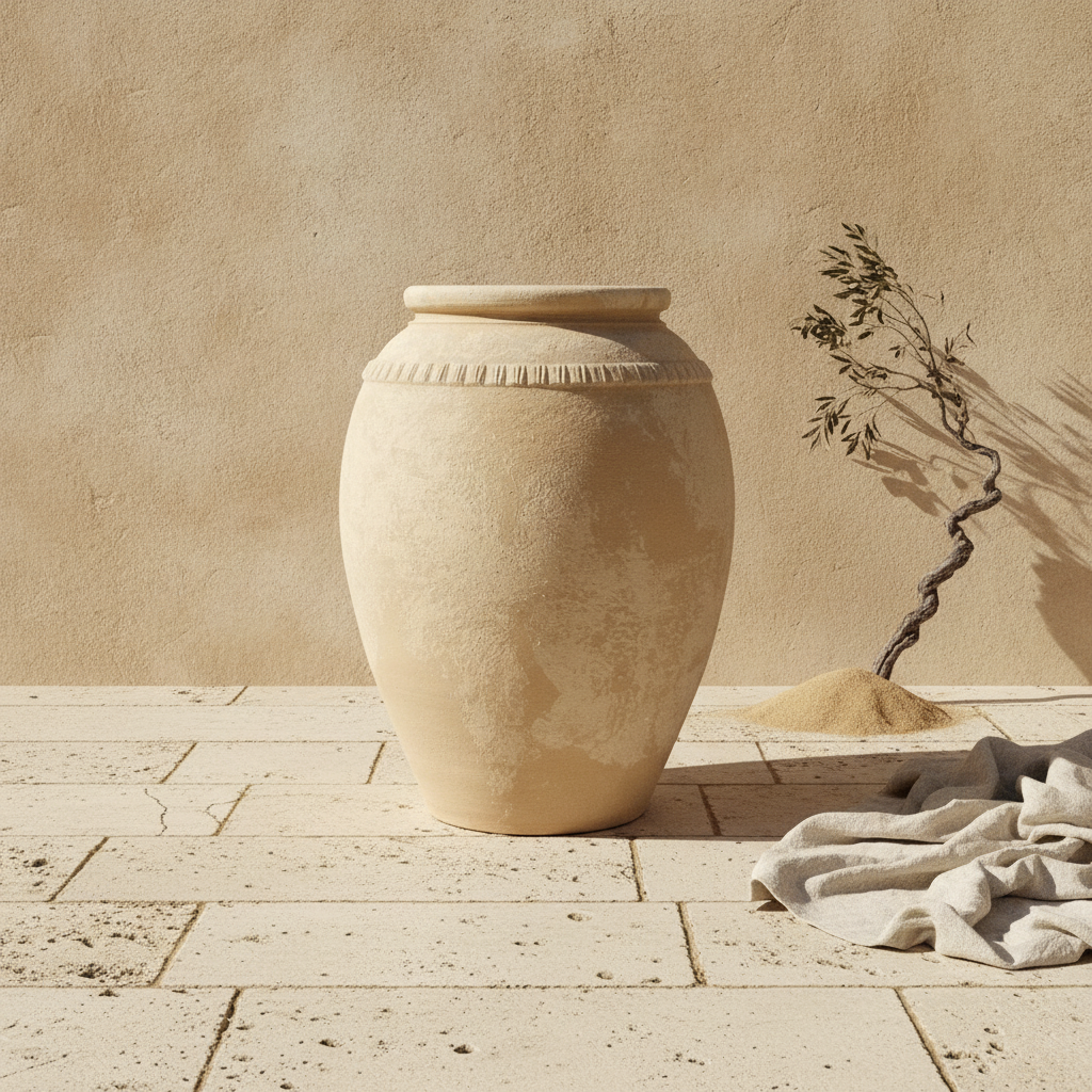 Pot en terre cuite beige rustique avec finition texturée et bord décoratif