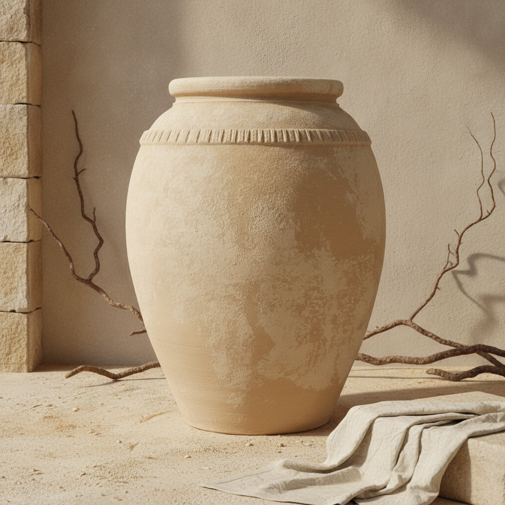 Rustieke beige terracotta bloempot met gestructureerde afwerking en decoratieve rand