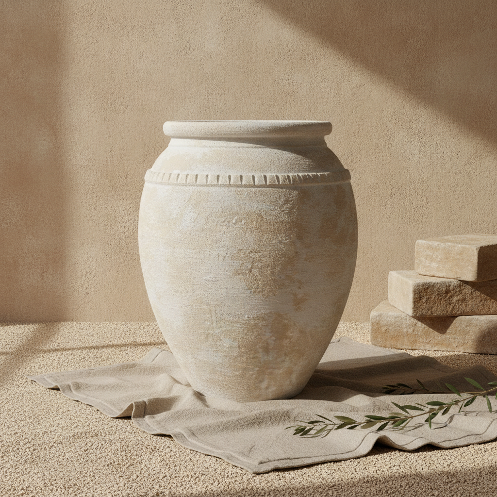 Vase de sol rustique en terre cuite crème avec finition texturée et bord décoratif