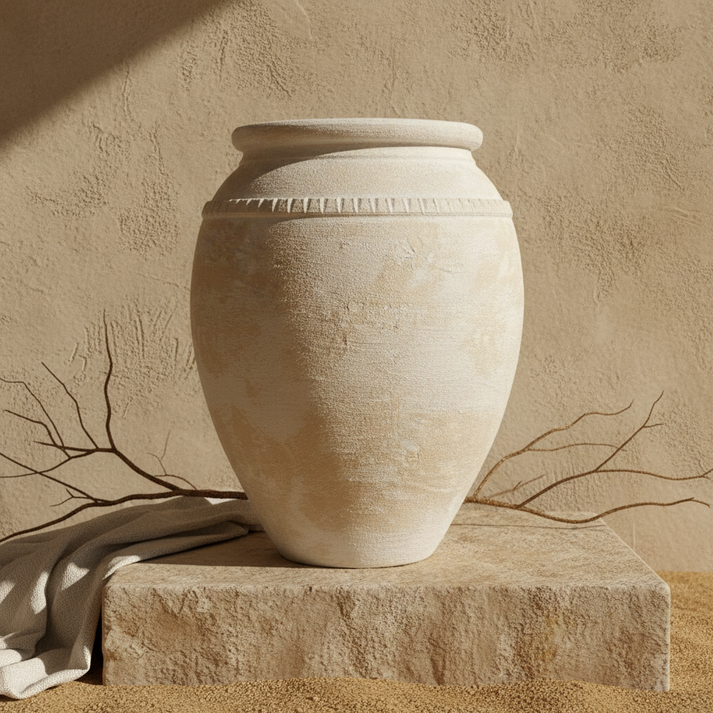 Rustikale cremefarbene Terrakotta-Bodenvase mit strukturierter Oberfläche und dekorativem Rand