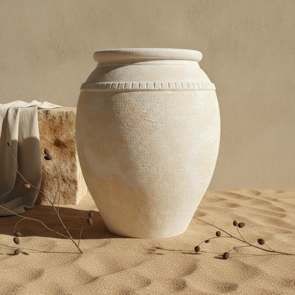 Vase de sol rustique en terre cuite crème avec finition texturée et bord décoratif