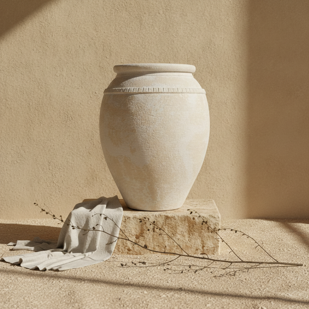Rustikale cremefarbene Terrakotta-Bodenvase mit strukturierter Oberfläche und dekorativem Rand
