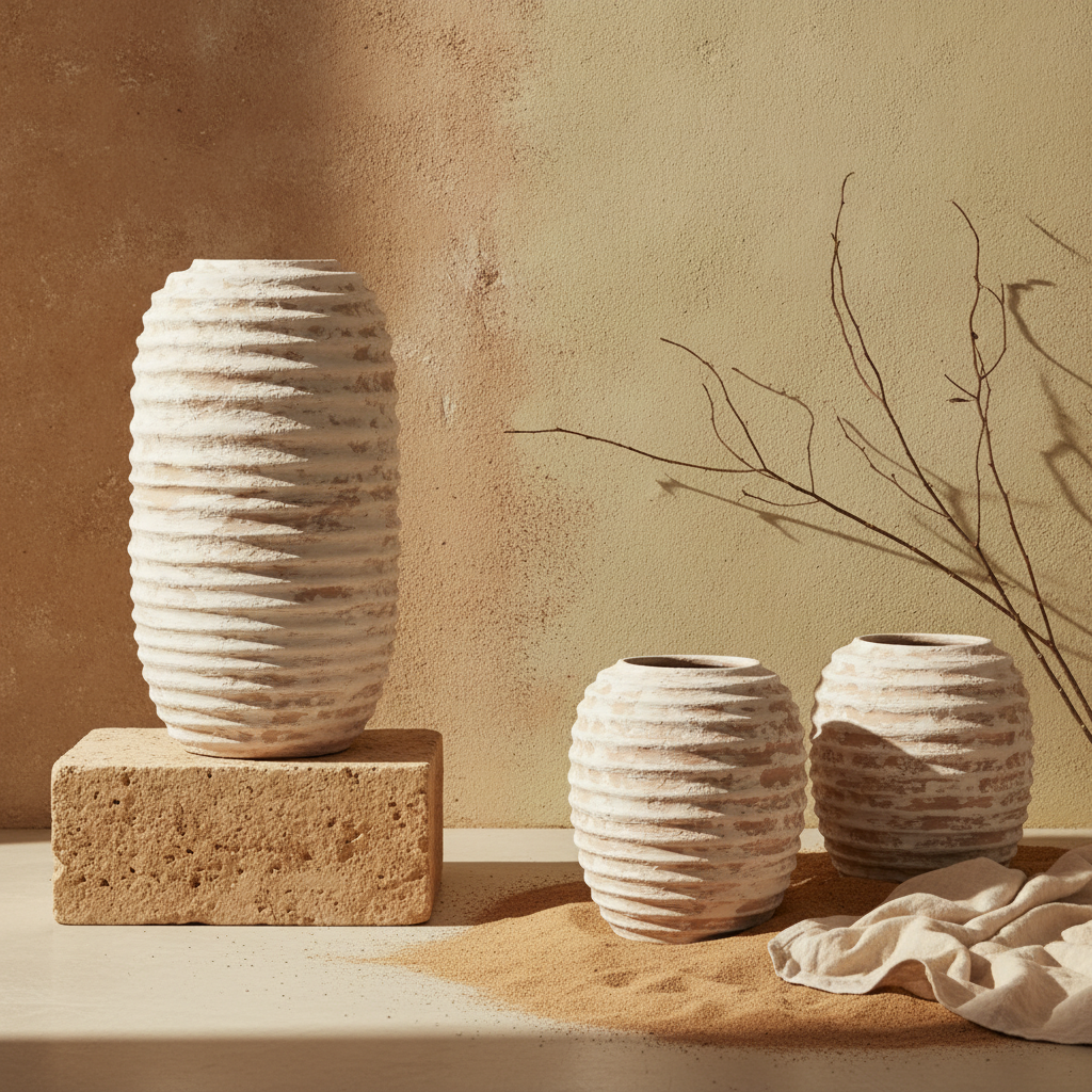 Hohe elfenbeinfarbene gerippte Terrakotta-Vase mit rustikaler, skulpturaler Oberflächenstruktur