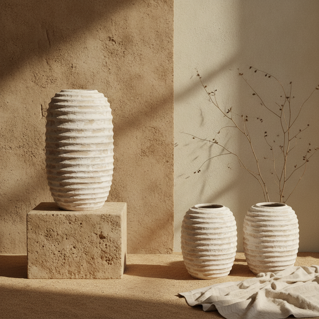 Vase en terre cuite ivoire haut et côtelé avec finition texturée sculpturale rustique