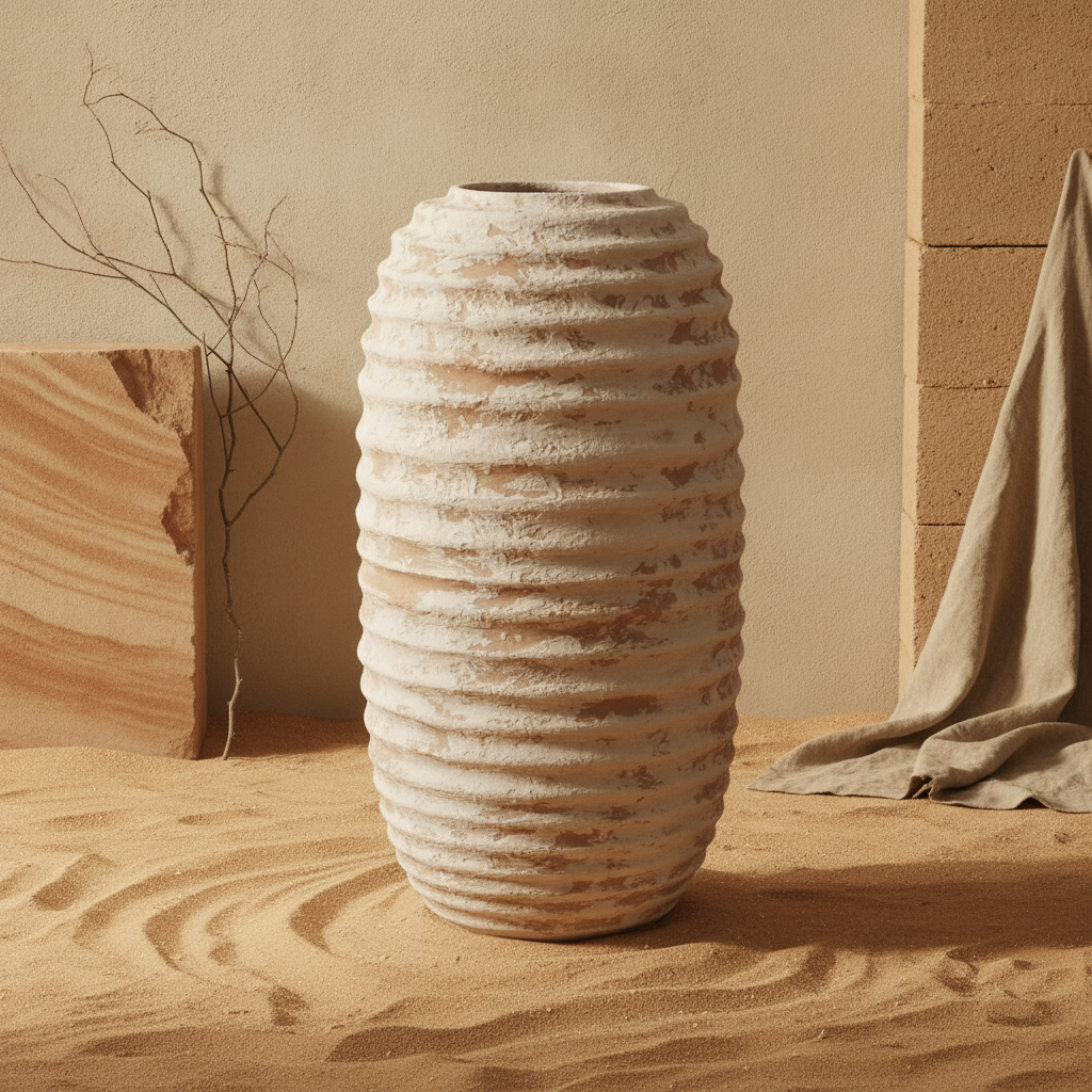 Hohe elfenbeinfarbene gerippte Terrakotta-Vase mit rustikaler, skulpturaler Oberflächenstruktur