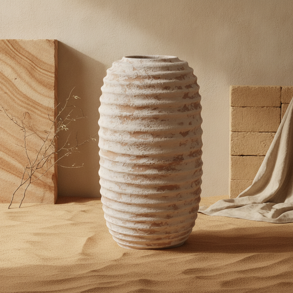 Hohe elfenbeinfarbene gerippte Terrakotta-Vase mit rustikaler, skulpturaler Oberflächenstruktur