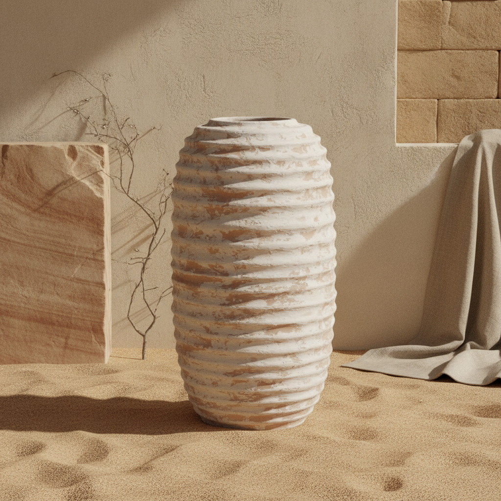 Hohe elfenbeinfarbene gerippte Terrakotta-Vase mit rustikaler, skulpturaler Oberflächenstruktur