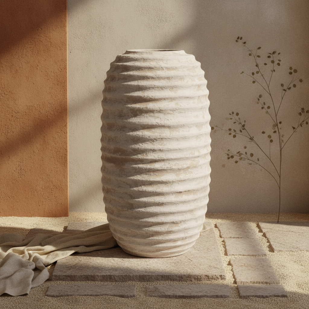 Hohe elfenbeinfarbene gerippte Terrakotta-Vase mit rustikaler, skulpturaler Oberflächenstruktur