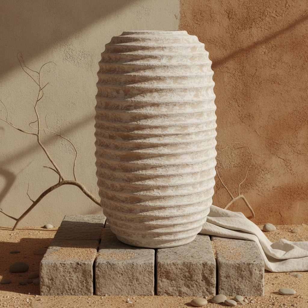 Vase en terre cuite ivoire haut et côtelé avec finition texturée sculpturale rustique