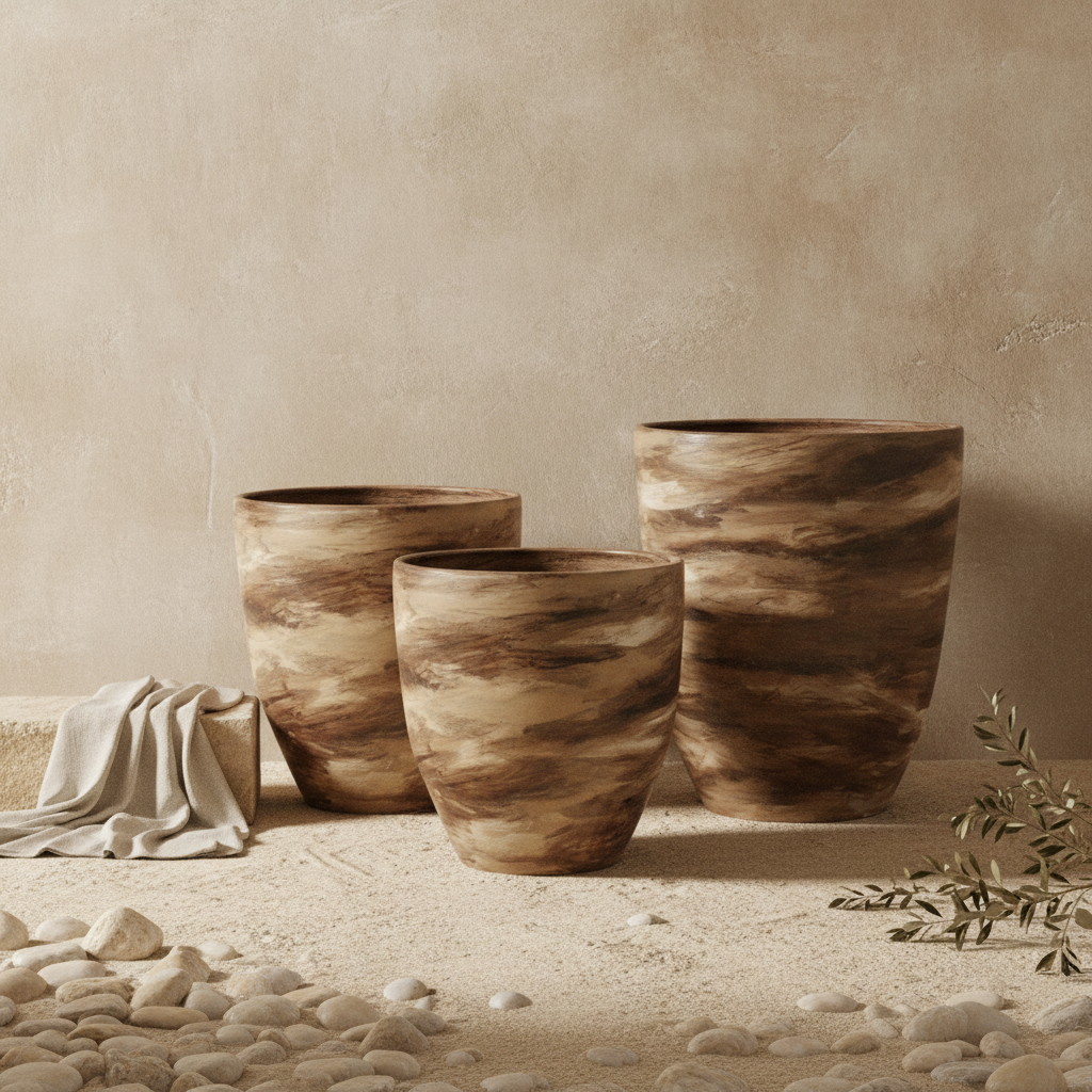 Vase de sol rustique en terre cuite brune avec finition texturée aux volutes aux tons terreux