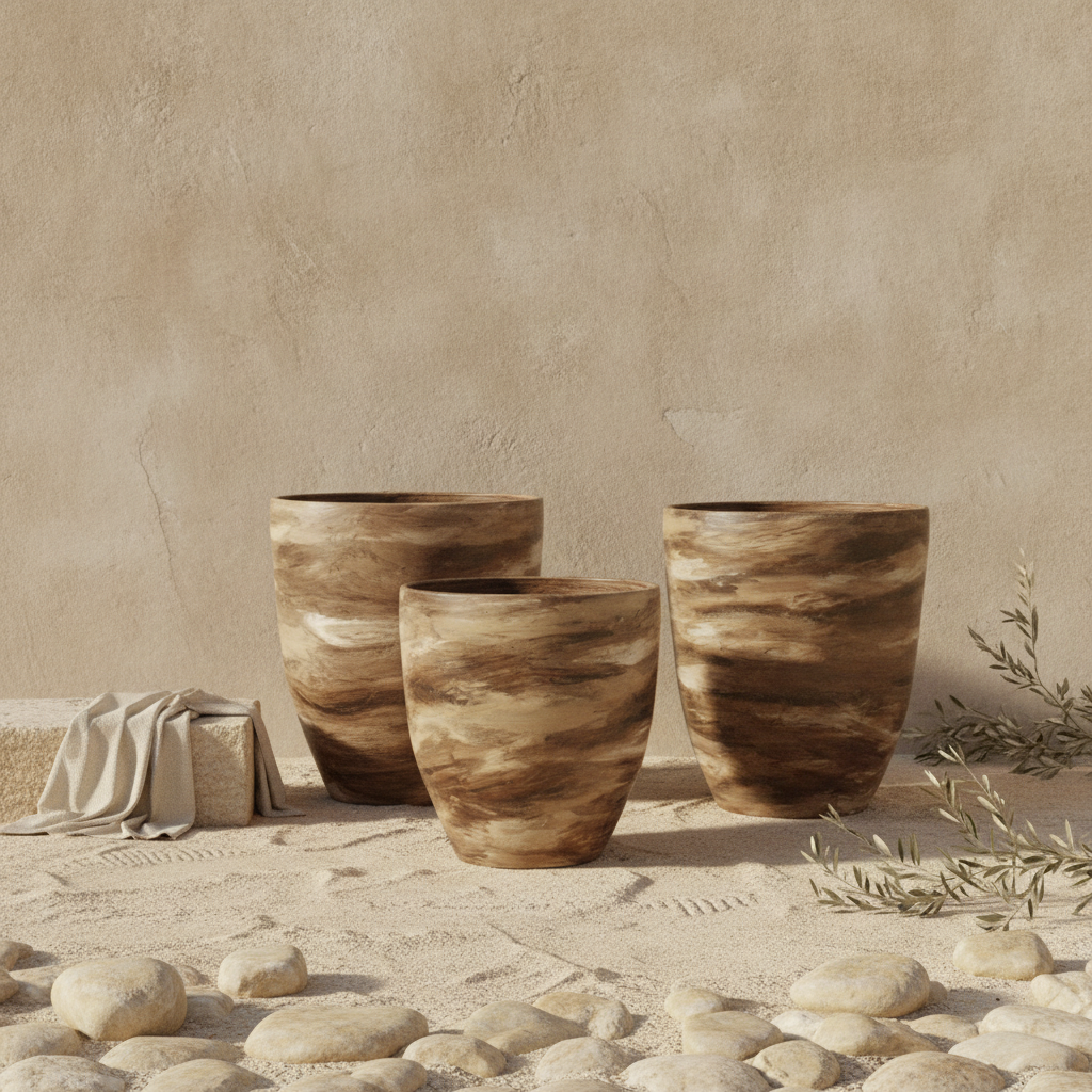 Vase de sol rustique en terre cuite brune avec finition texturée aux volutes aux tons terreux