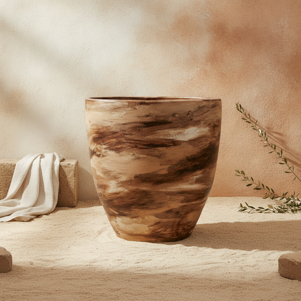 Vase de sol rustique en terre cuite brune avec finition texturée aux volutes aux tons terreux