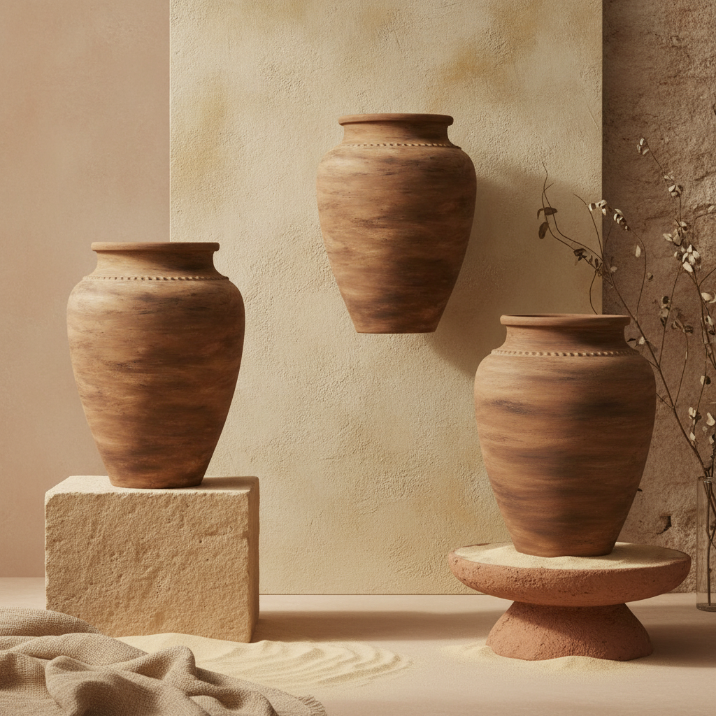 Rustieke bruine terracotta vloervaas met afgeronde vorm en gestructureerde matte afwerking