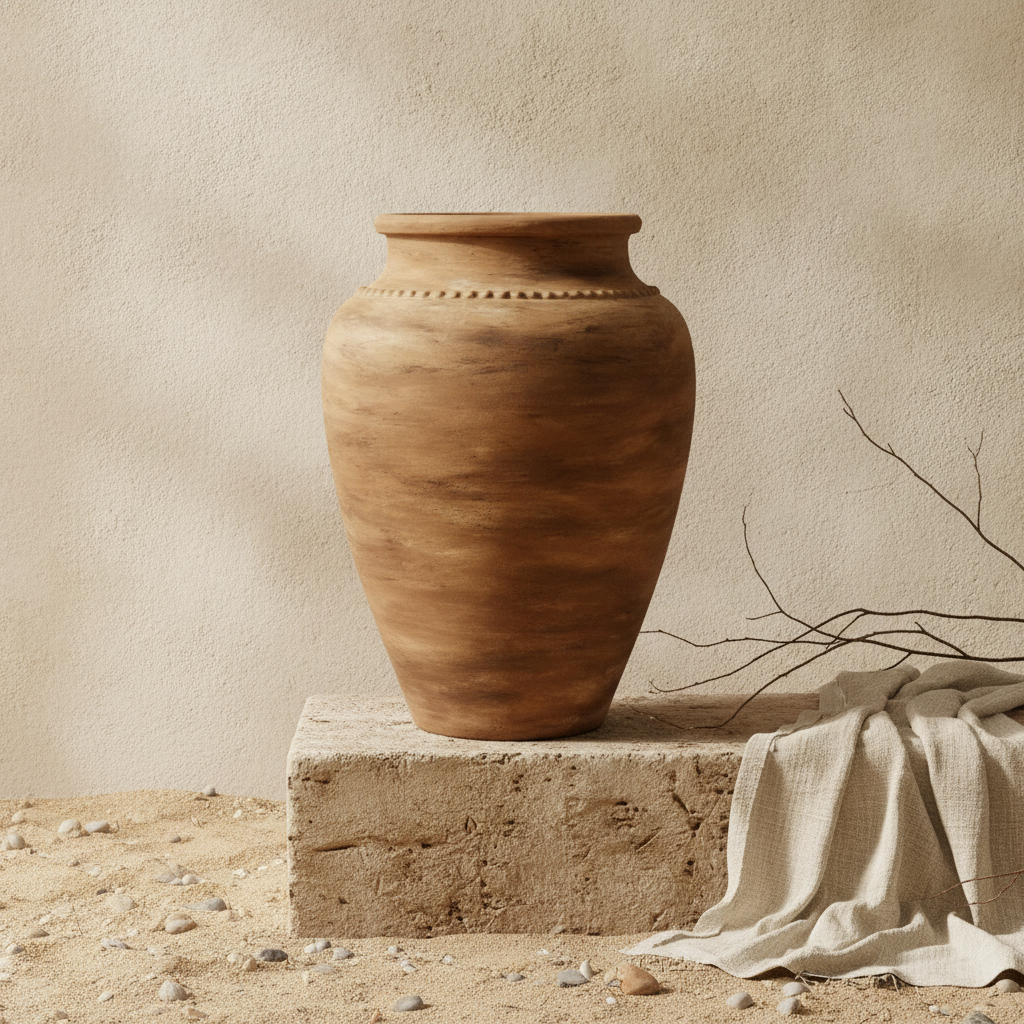 Rustieke bruine terracotta vloervaas met afgeronde vorm en gestructureerde matte afwerking