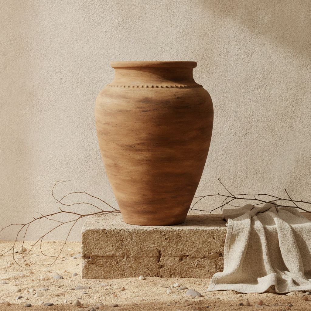 Rustieke bruine terracotta vloervaas met afgeronde vorm en gestructureerde matte afwerking