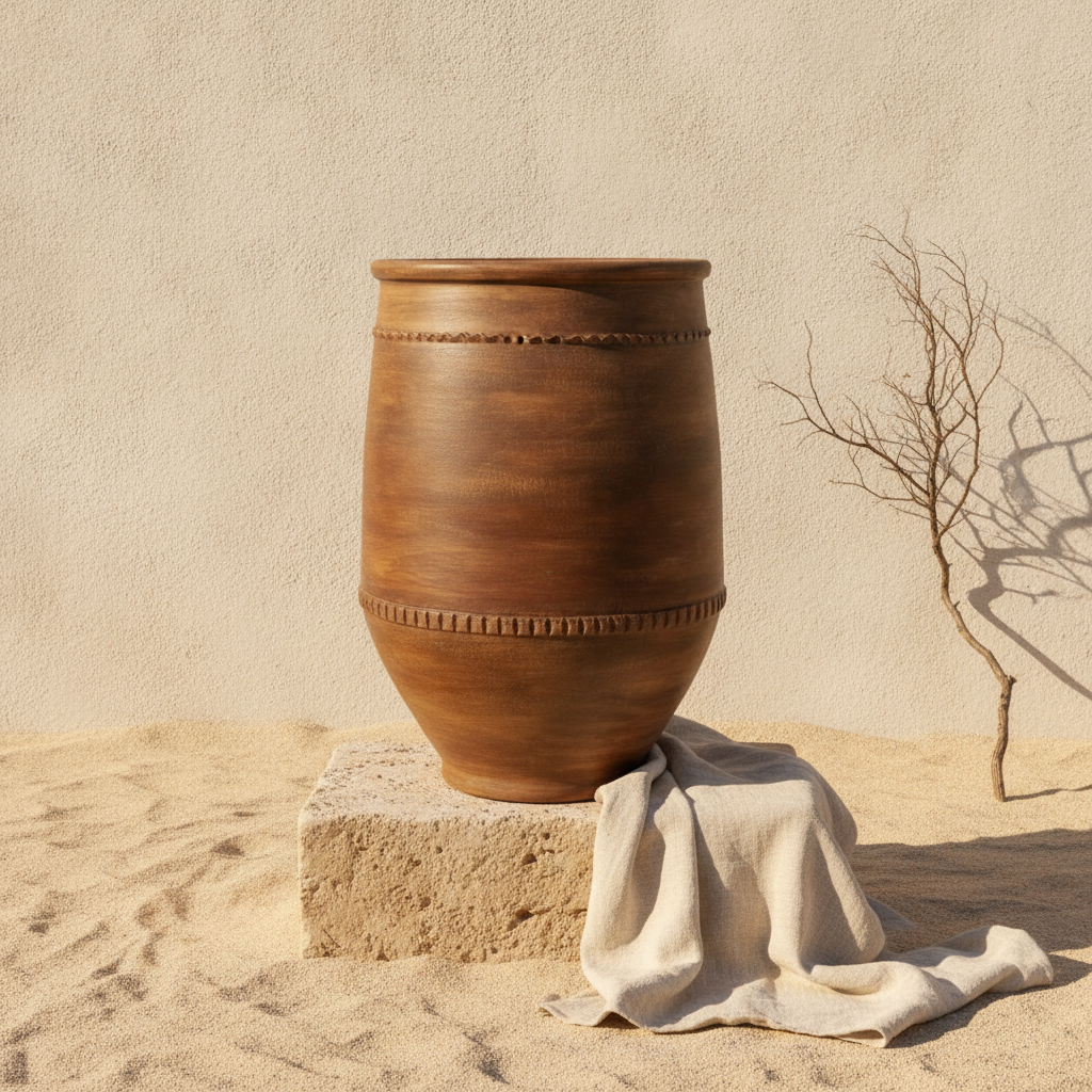 Pot en terre cuite marron rustique avec bandes décoratives et base conique