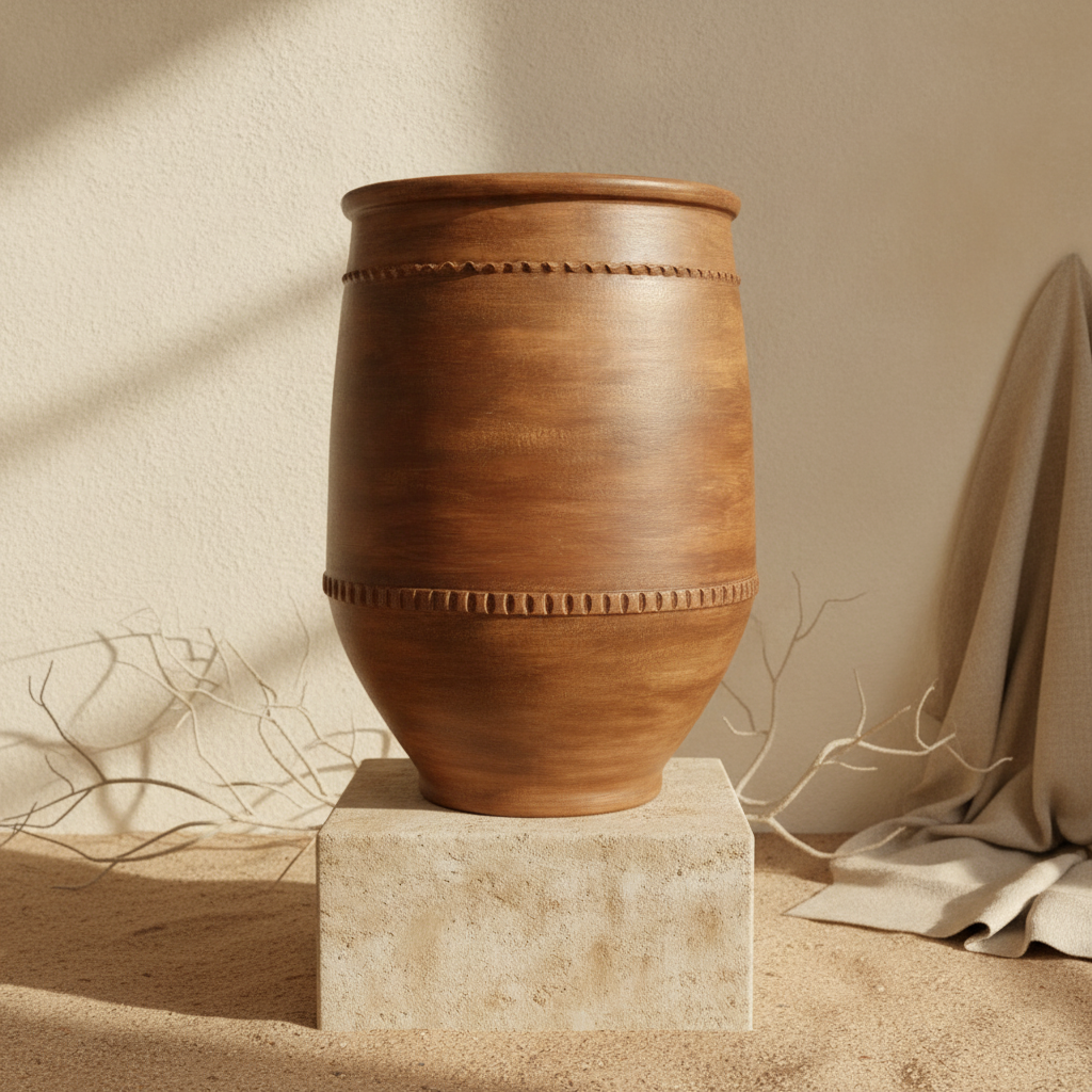 Vaso in Terracotta Marrone Rustico con Fasce Decorative e Base Svasata