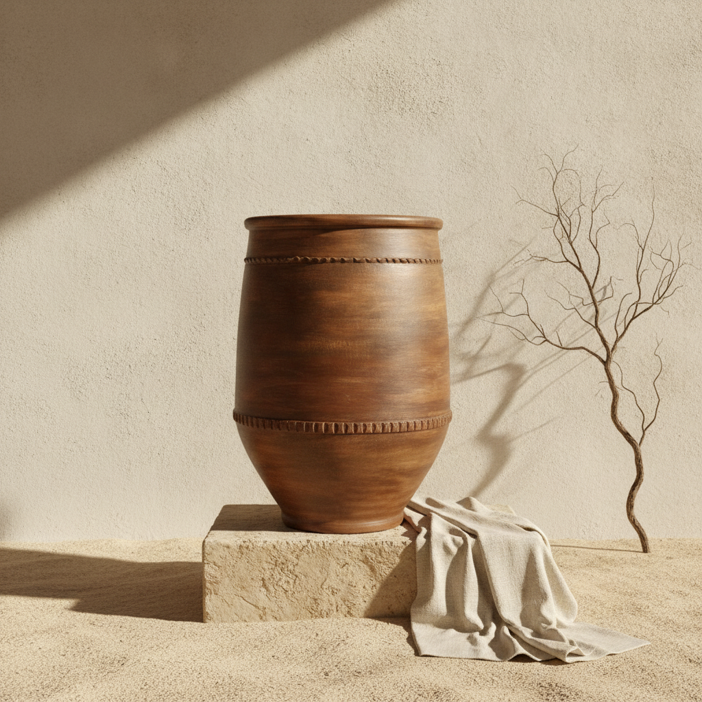Pot en terre cuite marron rustique avec bandes décoratives et base conique