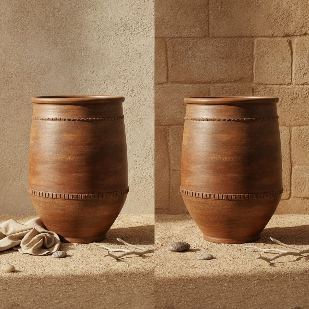 Vaso in Terracotta Marrone Rustico con Fasce Decorative e Base Svasata