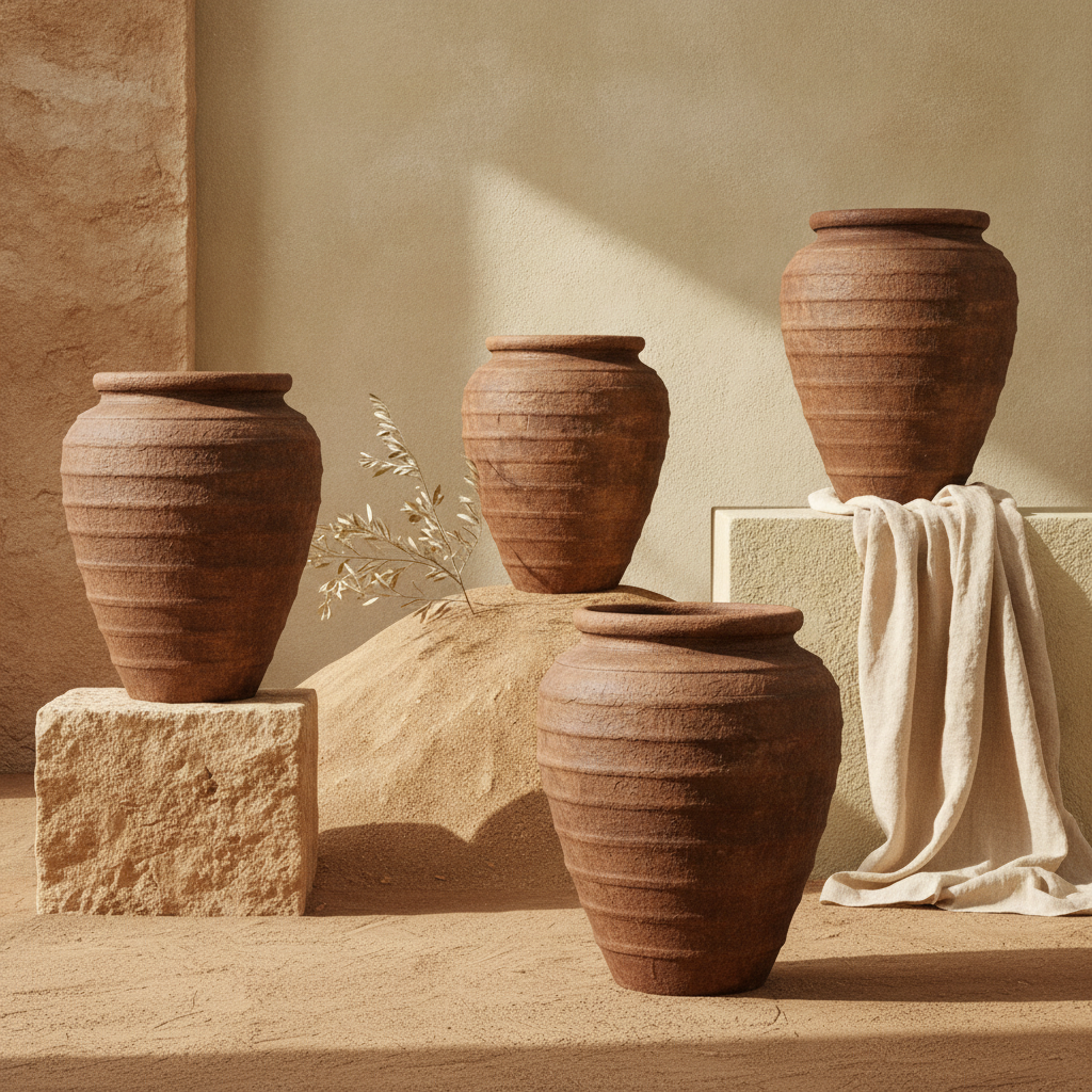 Rustieke bruine terracotta bloempot met een gestructureerd, geribd en rond silhouet