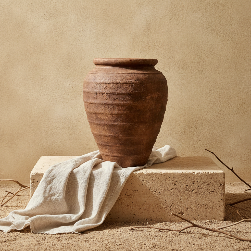 Rustieke bruine terracotta bloempot met een gestructureerd, geribd en rond silhouet