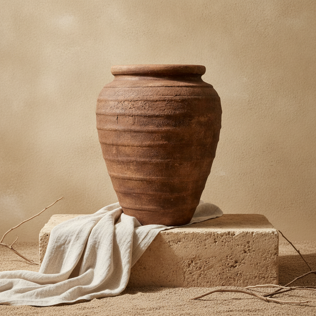 Rustieke bruine terracotta bloempot met een gestructureerd, geribd en rond silhouet