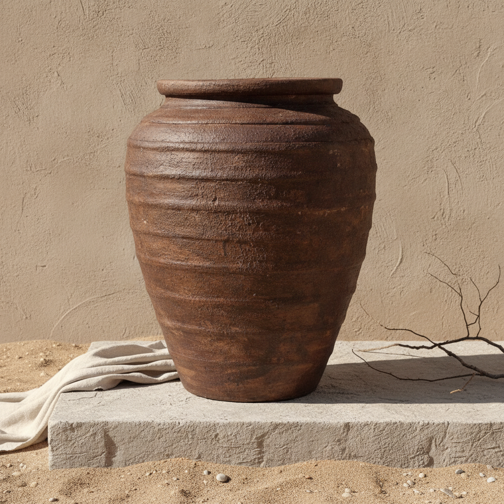 Rustieke bruine terracotta bloempot met een gestructureerd, geribd en rond silhouet