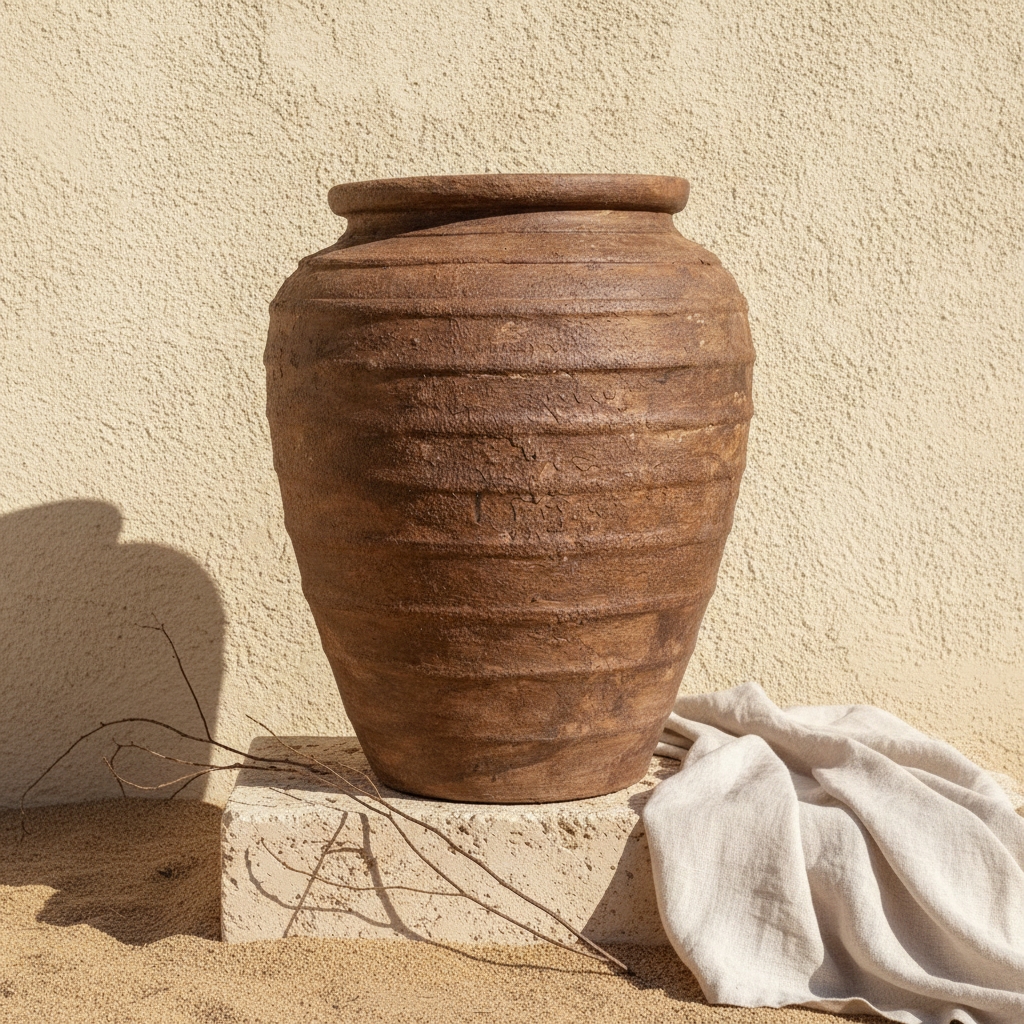 Rustieke bruine terracotta bloempot met een gestructureerd, geribd en rond silhouet