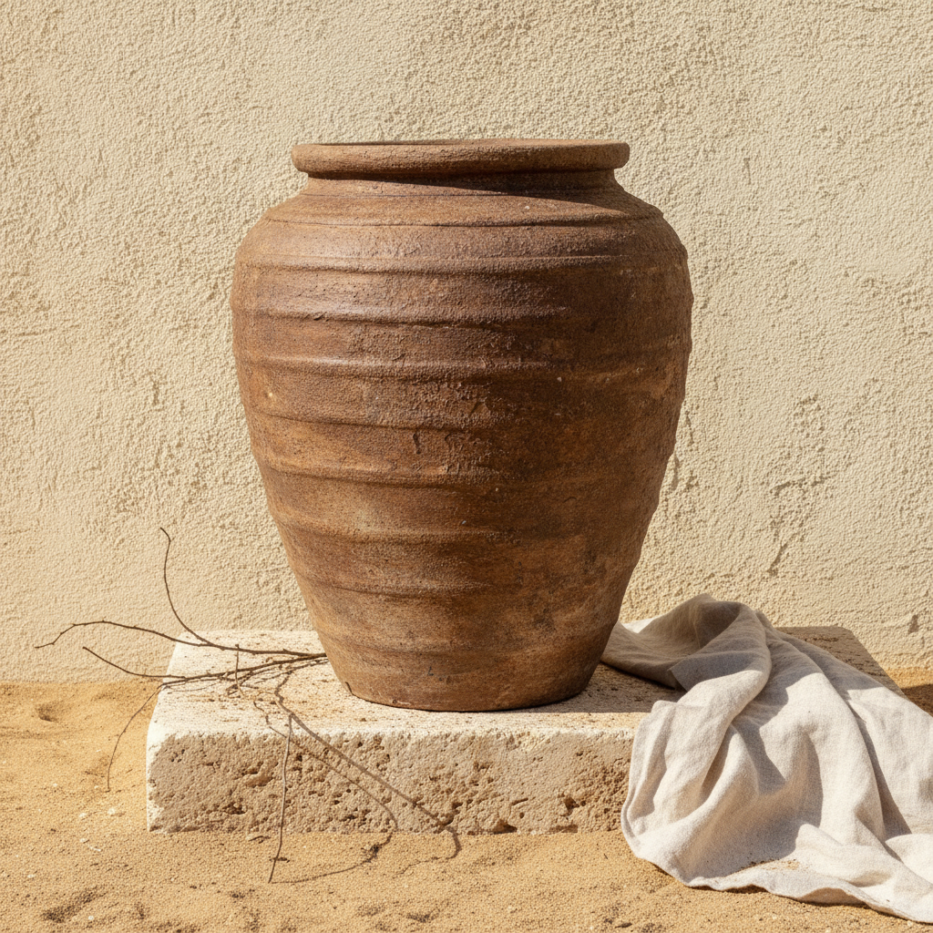 Rustieke bruine terracotta bloempot met een gestructureerd, geribd en rond silhouet