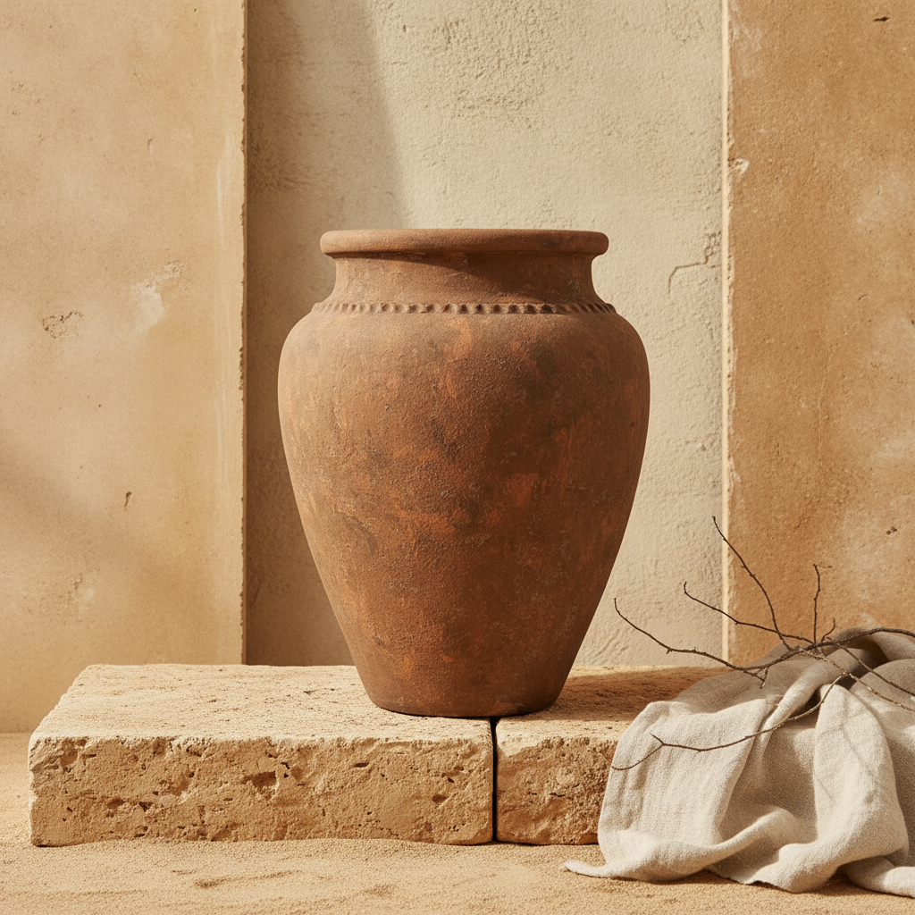 Rustikale braune Terrakotta-Vase mit strukturierter Oberfläche und abgerundeter Silhouette