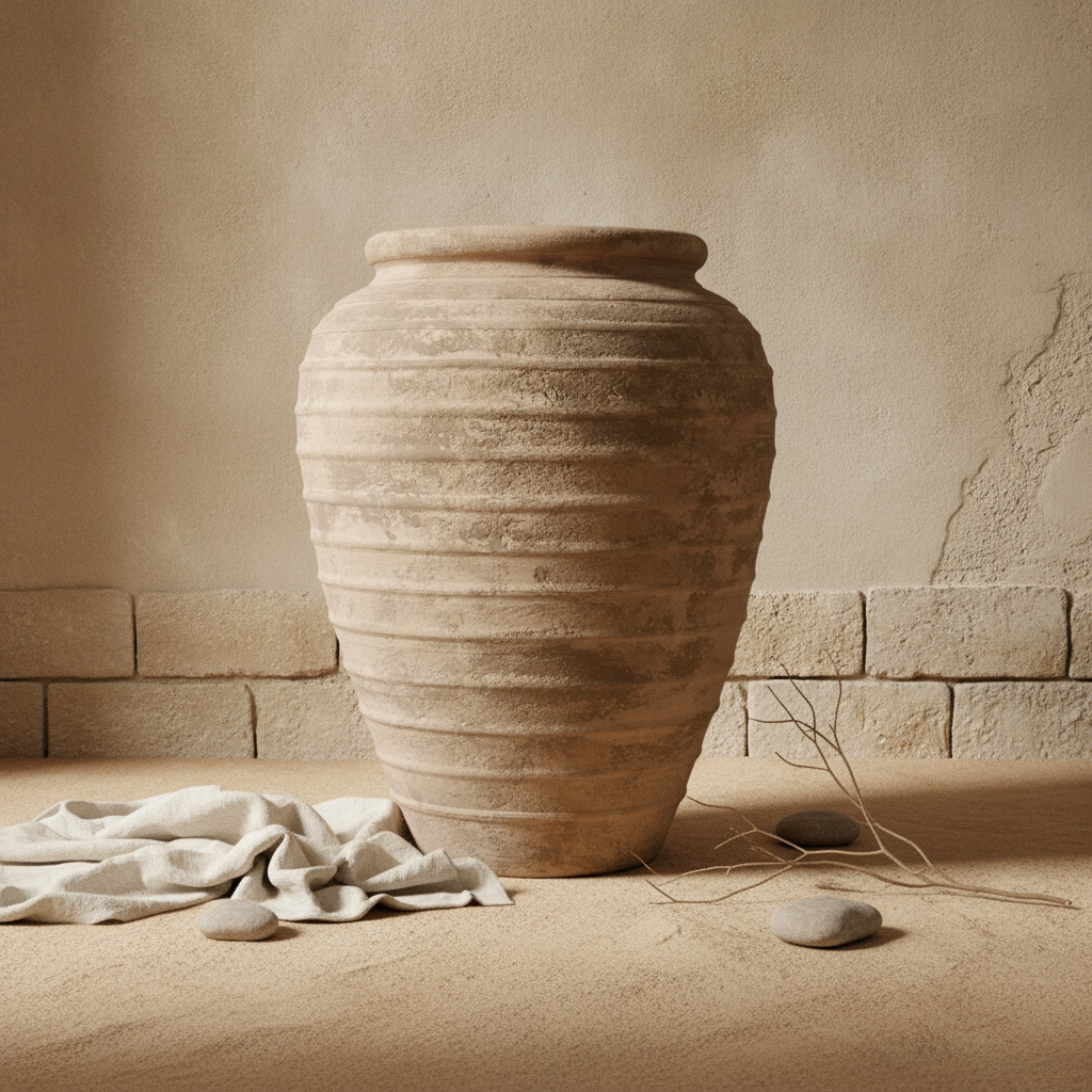 Rustieke zandbruine terracotta vaas met geribbelde textuur en afgerond silhouet