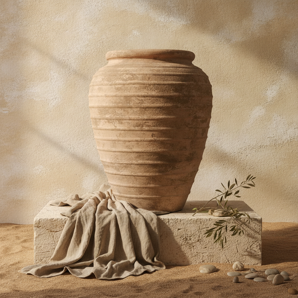Rustieke zandbruine terracotta vaas met geribbelde textuur en afgerond silhouet
