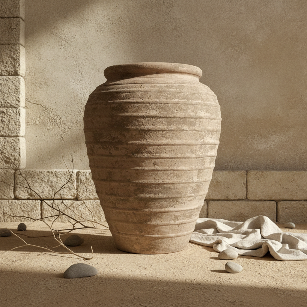 Rustieke zandbruine terracotta vaas met geribbelde textuur en afgerond silhouet