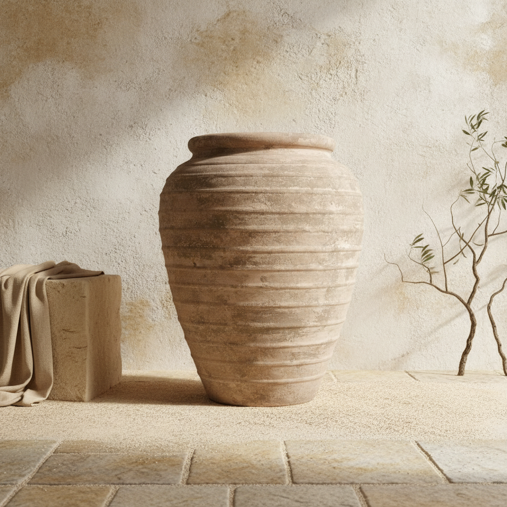 Rustieke zandbruine terracotta vaas met geribbelde textuur en afgerond silhouet