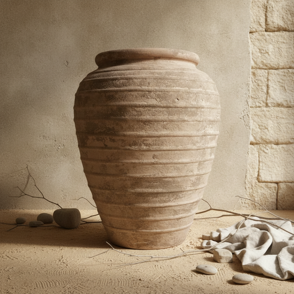 Rustieke zandbruine terracotta vaas met geribbelde textuur en afgerond silhouet