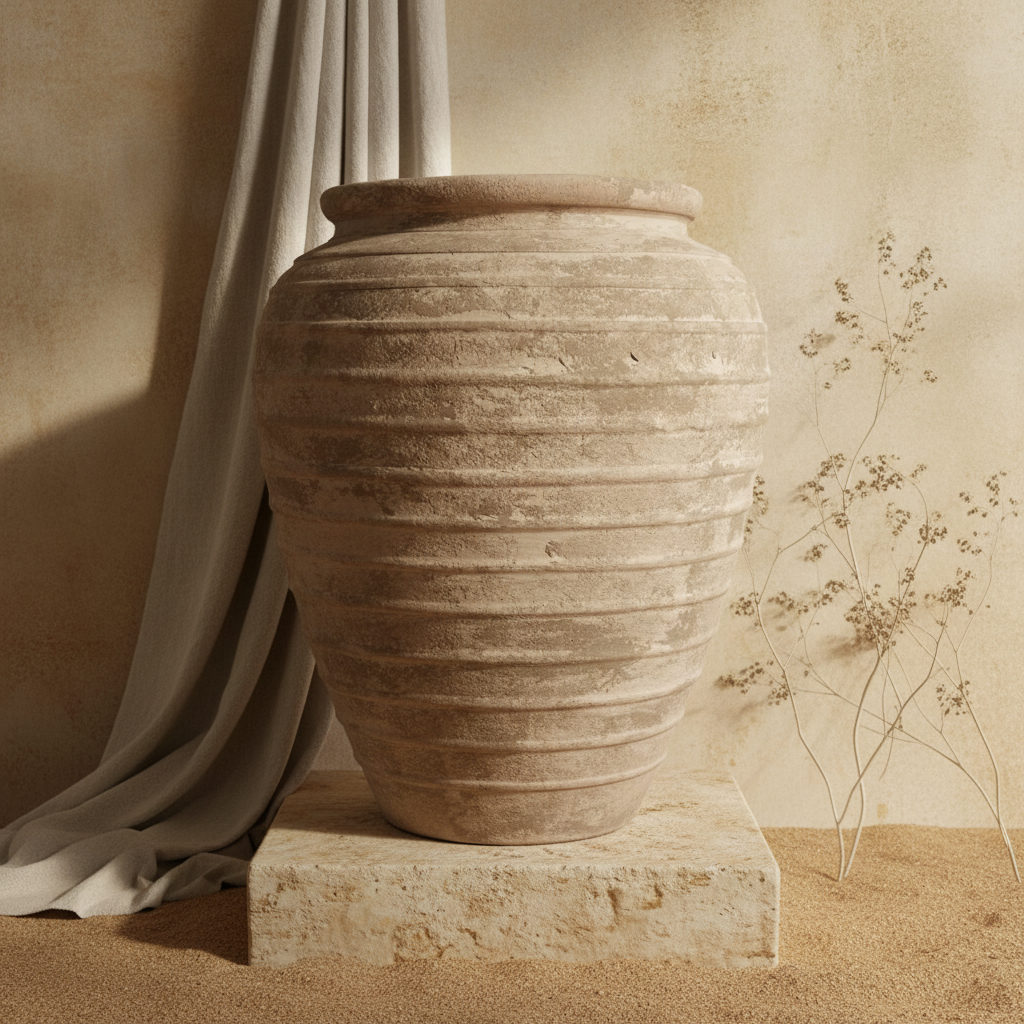 Rustieke zandbruine terracotta vaas met geribbelde textuur en afgerond silhouet