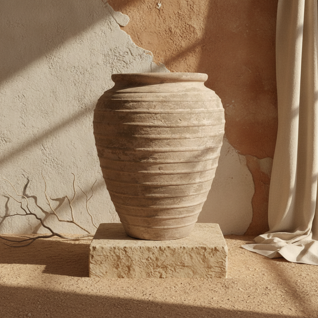 Rustieke zandbruine terracotta vaas met geribbelde textuur en afgerond silhouet