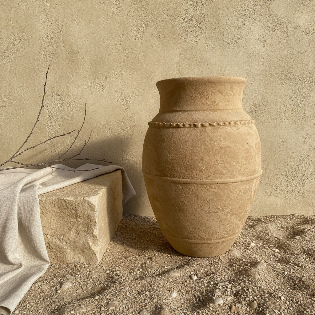 Rustikale beige Terrakotta-Vase mit erhabenen Ringen und strukturierter Oberfläche