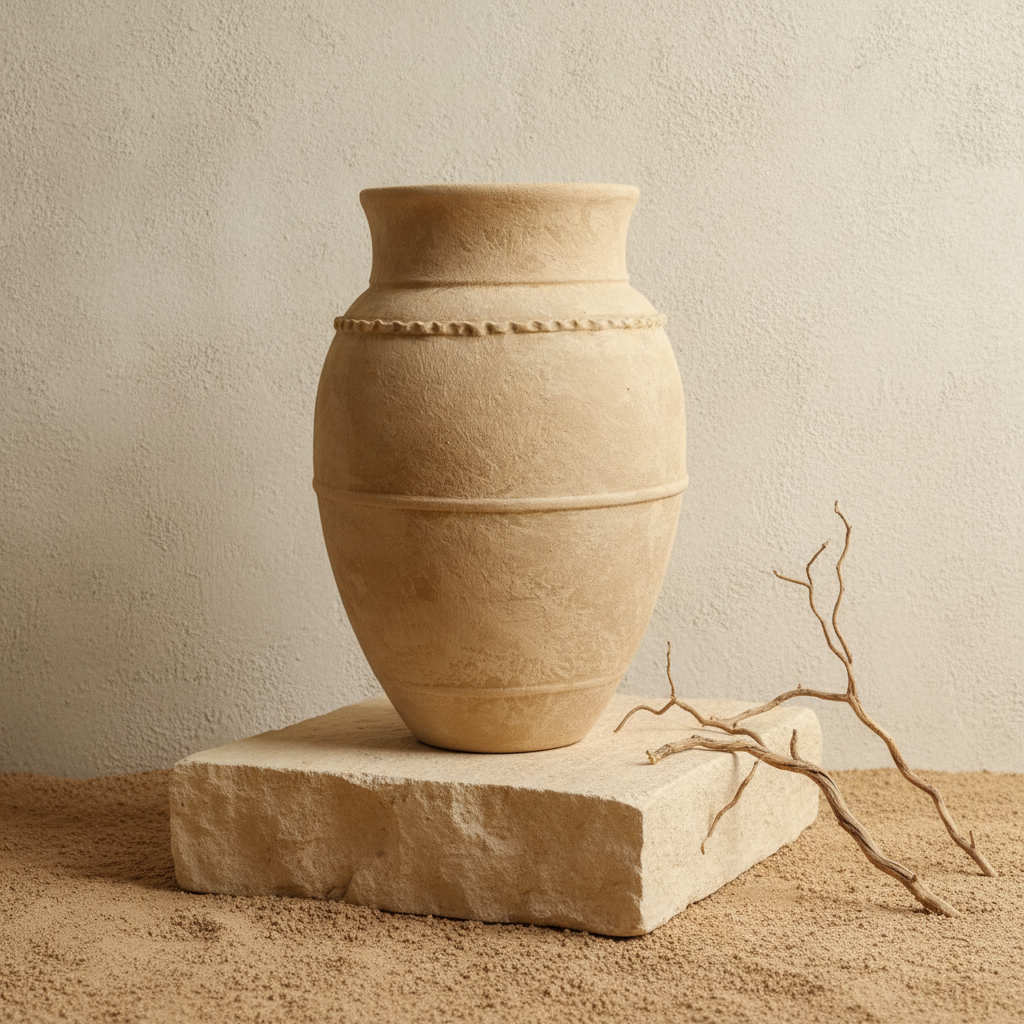 Jarrón rústico de terracota beige con bandas en relieve y acabado texturizado