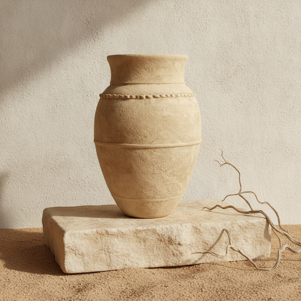 Rustikale beige Terrakotta-Vase mit erhabenen Ringen und strukturierter Oberfläche
