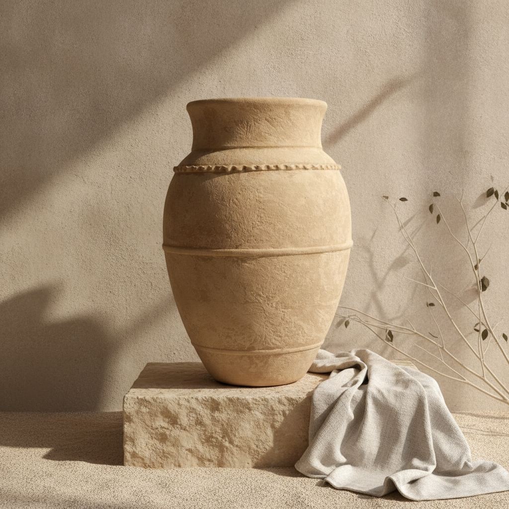 Jarrón rústico de terracota beige con bandas en relieve y acabado texturizado