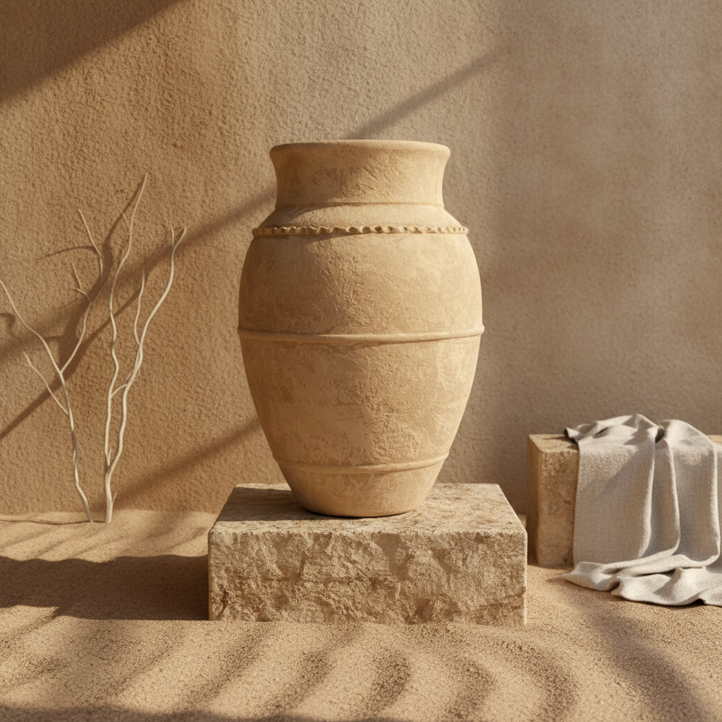 Jarrón rústico de terracota beige con bandas en relieve y acabado texturizado
