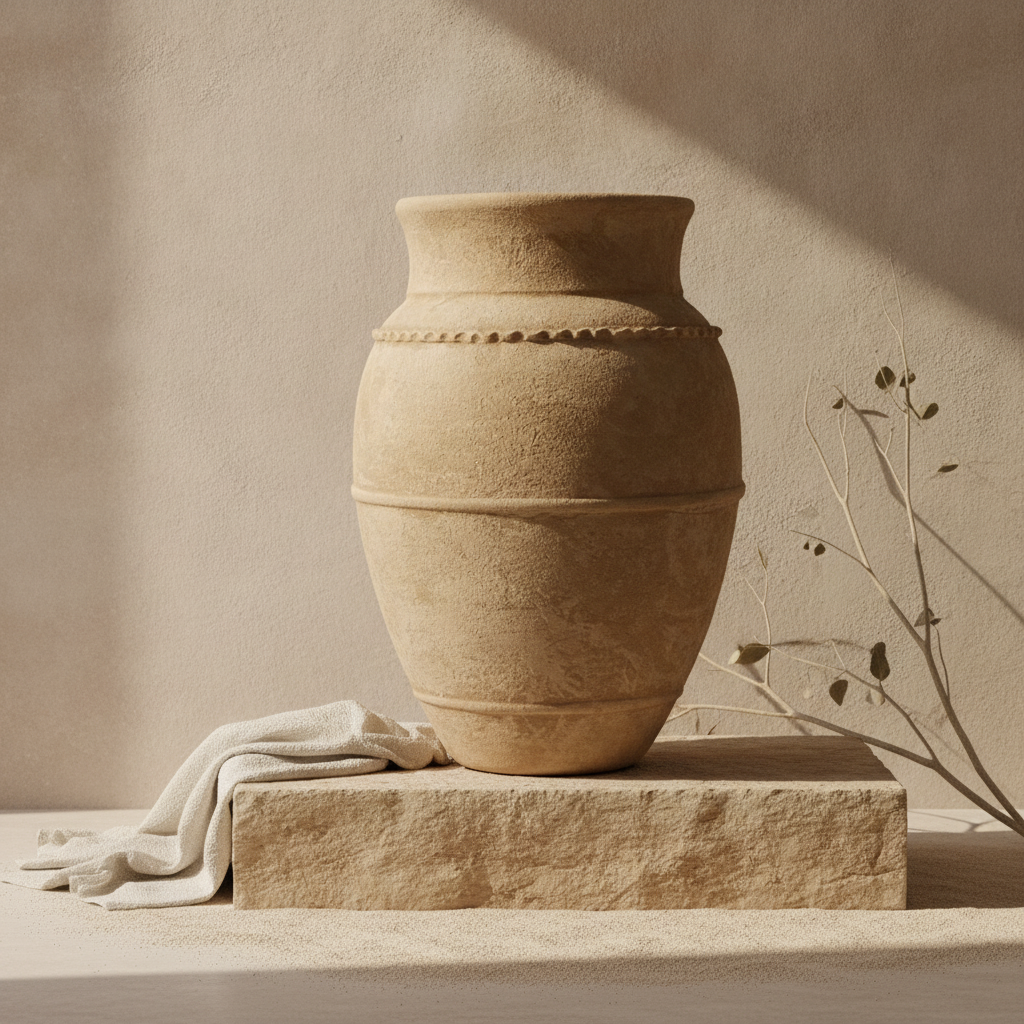 Rustikale beige Terrakotta-Vase mit erhabenen Ringen und strukturierter Oberfläche